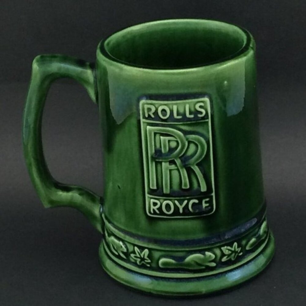 Vtg Beauce Rolls Royce Stein Mug Tankard Quebec Pottery Green Beauceware Power